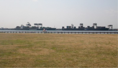 cyclists and container ships